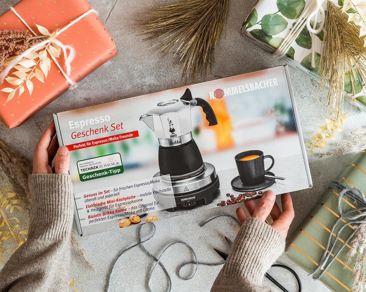 Rommelsbacher Set de regalo RK 505/K, mini placa de cocción de 80 mm de diámetro, regulable sin niveles, jarra original Bialetti Moka, 90 ml, sistema de preparación para la formación de crema, color