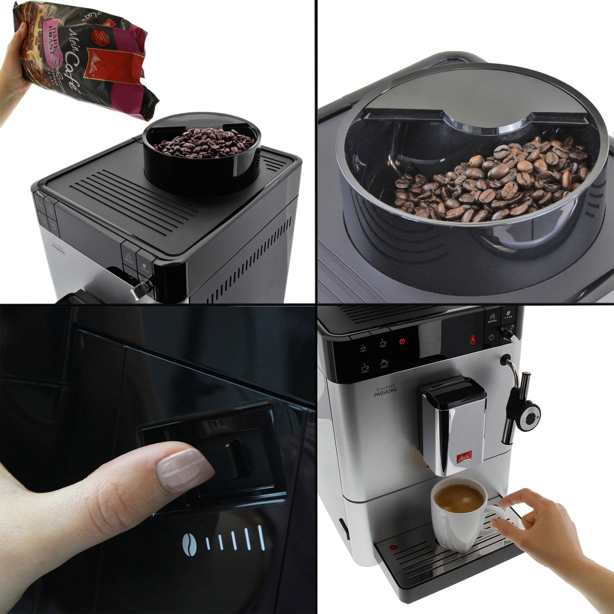 Melitta Passione F530-101, Cafetera Automática con Molinillo, Café en Grano, Sistema de leche, Limpieza Automática, Personalizable, 15 Bares, 1.2 litros, Plata