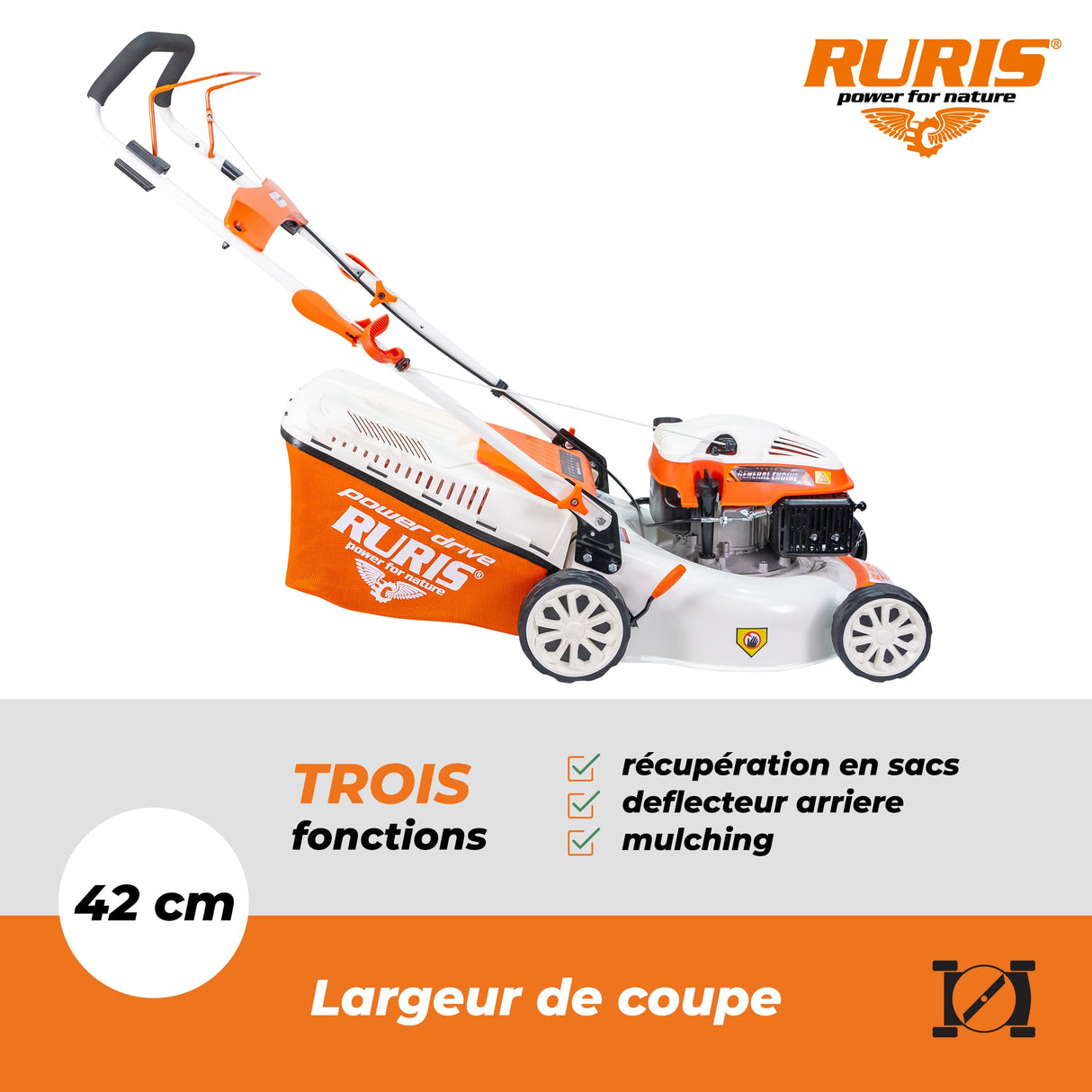 RURIS - Cortacésped térmico RX200S, 2,7 CV, 42 cm, Bolsa 45L, 3 en 1: Recogida, eyección Trasera, Mulching, chasis Acero, Altura Ajustable 25-75 mm, Naranja