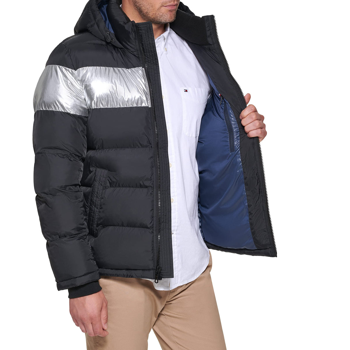 Tommy Hilfiger Hooded Puffer Jacket Abrigo Alternativo de plumón, Rayas Negras y Plateadas, M para Hombre
