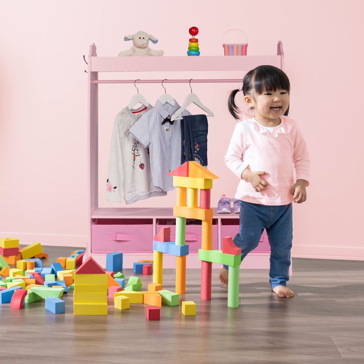 Relaxdays Perchero Infantil, 5 Compartimentos, Colgador de Ropa Niñas, con Gancho y Espejo, 107 x 97,5 x 61 cm, Rosa, Tablero de Fibras