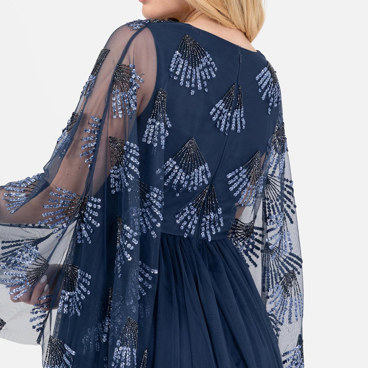 Maya Deluxe Women's Midaxi Dress Ladies V-Neck Long Wide Angel Sleeves Sequin Embellished Empire A-Line Tulle Evening Prom Ball Gown, French Navy, 54