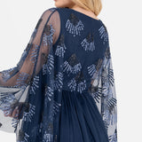 Maya Deluxe Women's Midaxi Dress Ladies V-Neck Long Wide Angel Sleeves Sequin Embellished Empire A-Line Tulle Evening Prom Ball Gown, French Navy, 54