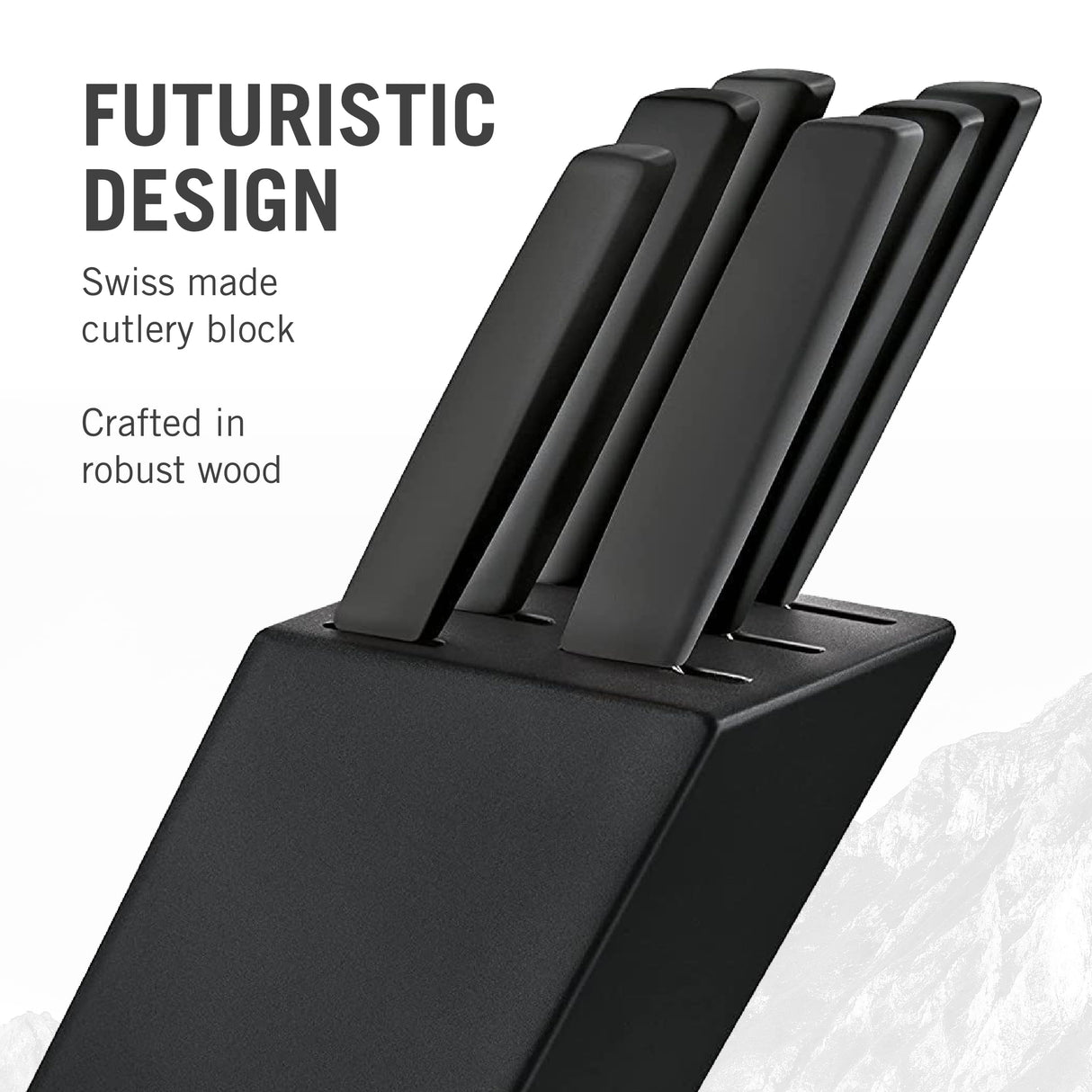 Victorinox Swiss Modern Soporte para 6 cuchillos, incluyendo 5 cuchillos de cocina y 1 tenedor, fabricado en madera de haya lacada en negro