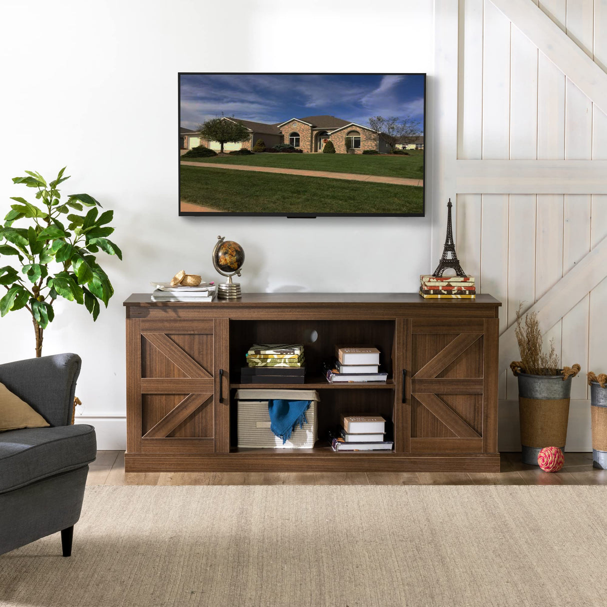Zinus Wade Mueble TV - Mueble TV 147x67x40 cm - Mueble con armario - Diseño estilo granja - Marrón