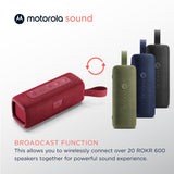 Motorola Sound - Altavoz Inalámbrico Bluetooth ROKR 600 - Potente Sonido de 30W, Resistente al Agua y Polvo, Función Broadcast para Conectar 20+ Altavoces, 6 Horas de Reproducción, Rojo