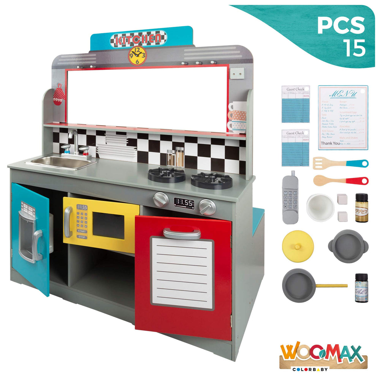 WOOMAX Cocina de Juguete con luz y Sonido, Cocinita de Madera Infantil, Bar Retro, Medidas 90,2x58,4x104,1cm, Juguete para niños y niñas (85287)