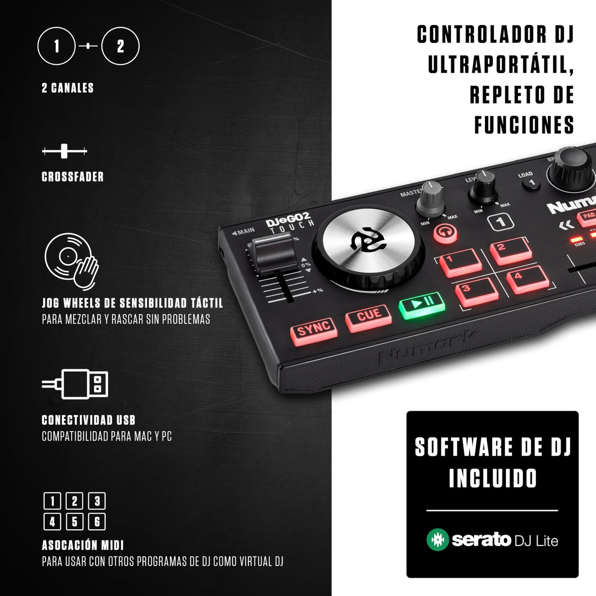 Numark DJ2GO2 Touch Controlador DJ USB Compacto de 2 Canales para Serato DJ Con Mezclador Crossfader, Interfaz de Audio y Jog Wheels de Sensibilidad Táctil