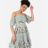 Maya Deluxe Vestido Largo para Mujer, Hombros Descubiertos, Tirantes Delgados, Bordado Floral, Volantes, Tul, Invitada de Boda, Lirio Verde, 38