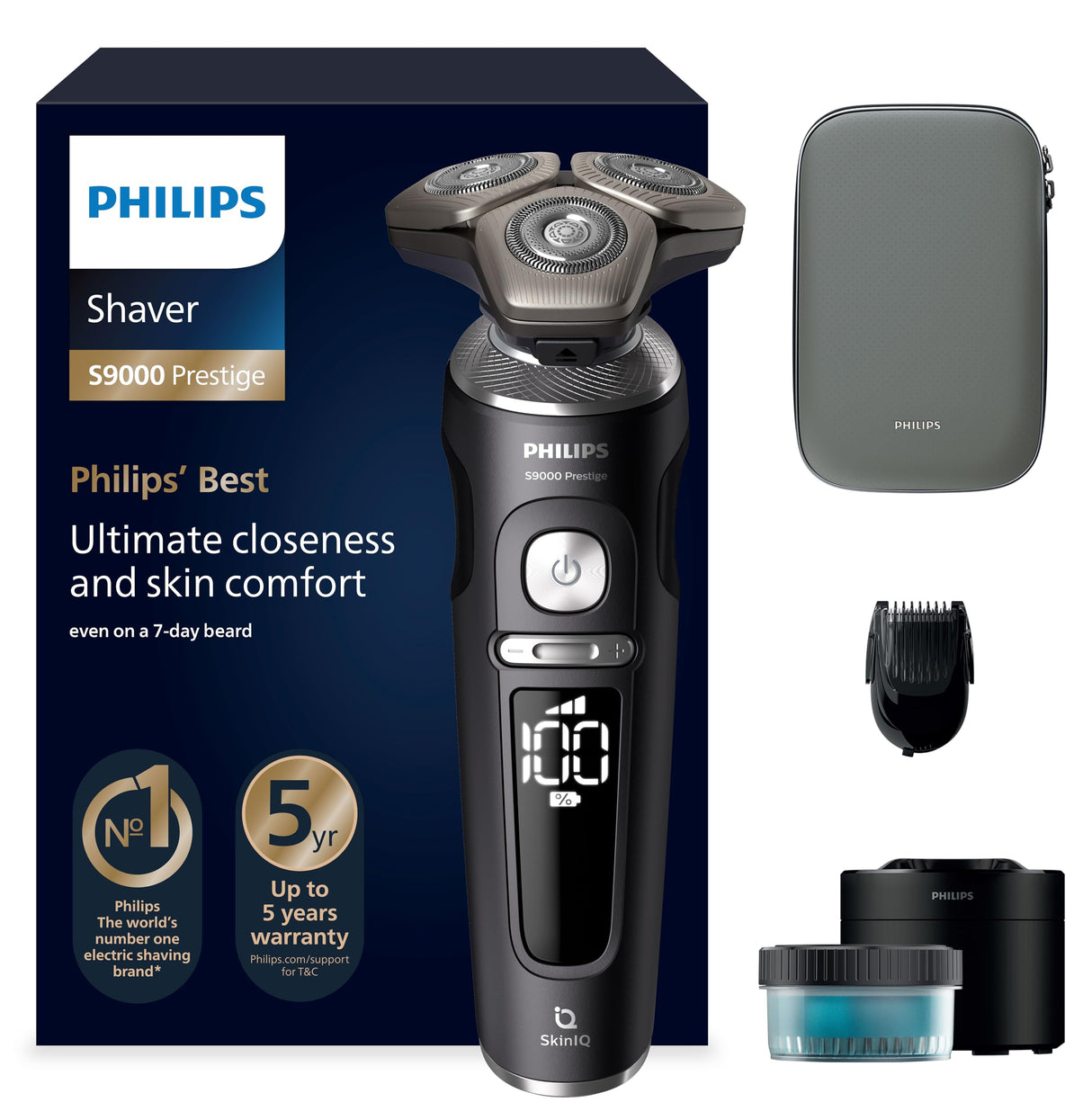 Philips Serie 9000 Prestige Afeitadora Eléctrica Hombre, Máquina de Afeitar Barba con Barbero, 72 cuchillas, Motor Digital, 60min de uso, Seco y Húmedo, Recargable, Centro de Limpieza, SP9840/31, Mate