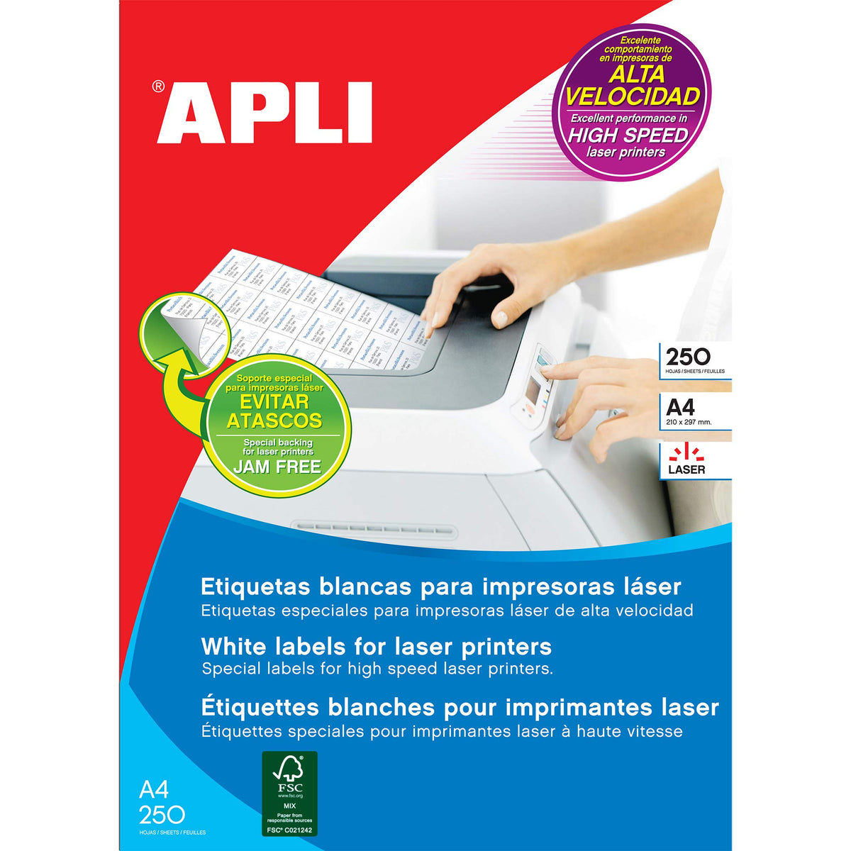APLI 2530 - Etiquetas blancas imprimibles (210,0 x 297,0), adhesivo permanente 250 hojas