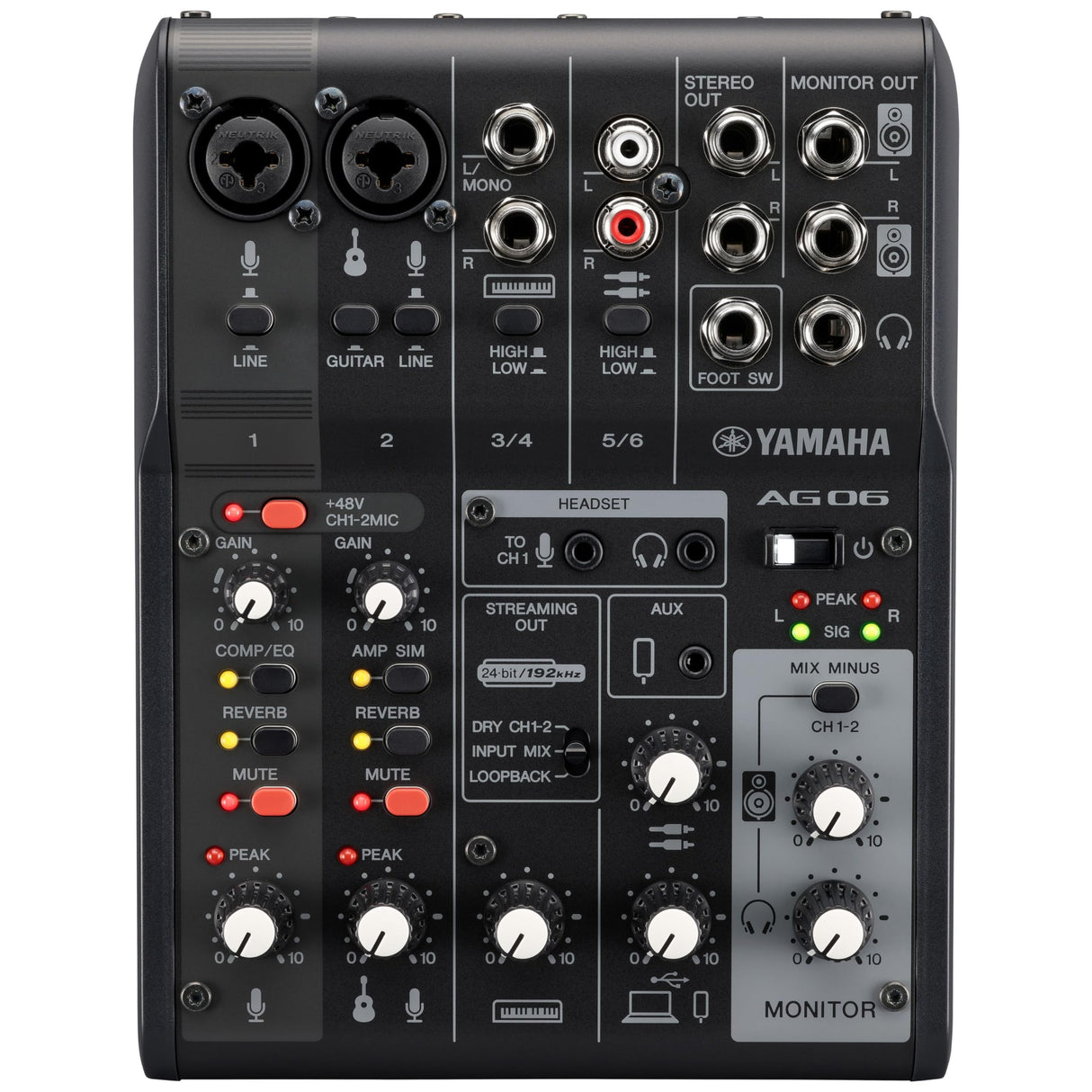 Yamaha AG06MK2 Mezclador de Transmisión en Vivo de 6 Canales con Interfaz de Audio USB, para Windows, Mac, iOS y Android, en Negro