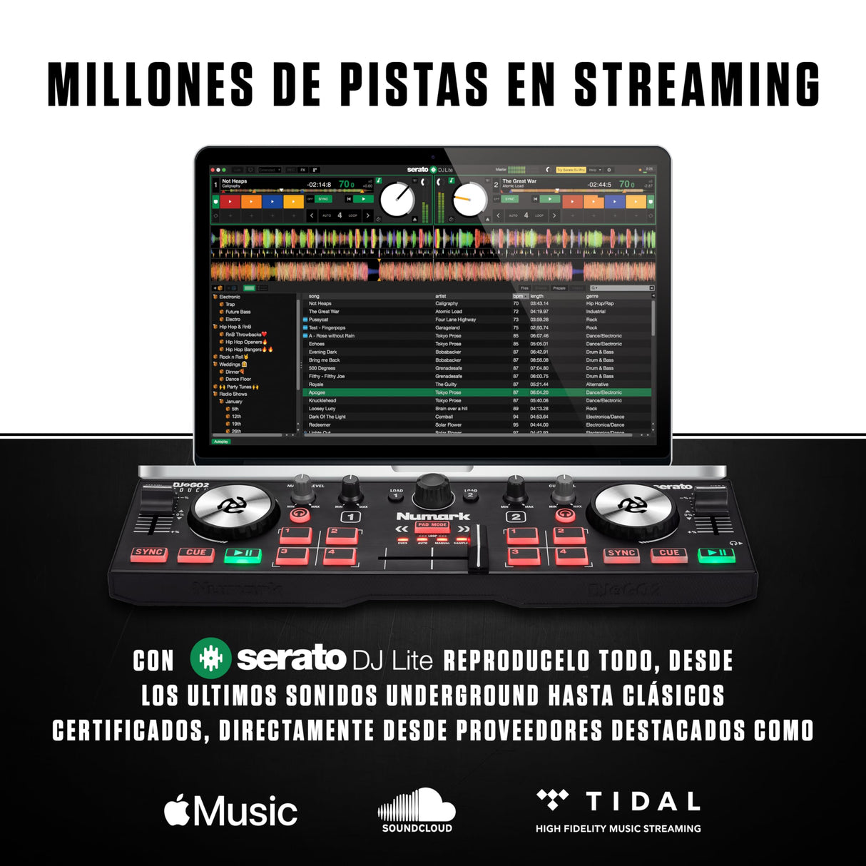 Numark DJ2GO2 Touch Controlador DJ USB Compacto de 2 Canales para Serato DJ Con Mezclador Crossfader, Interfaz de Audio y Jog Wheels de Sensibilidad Táctil