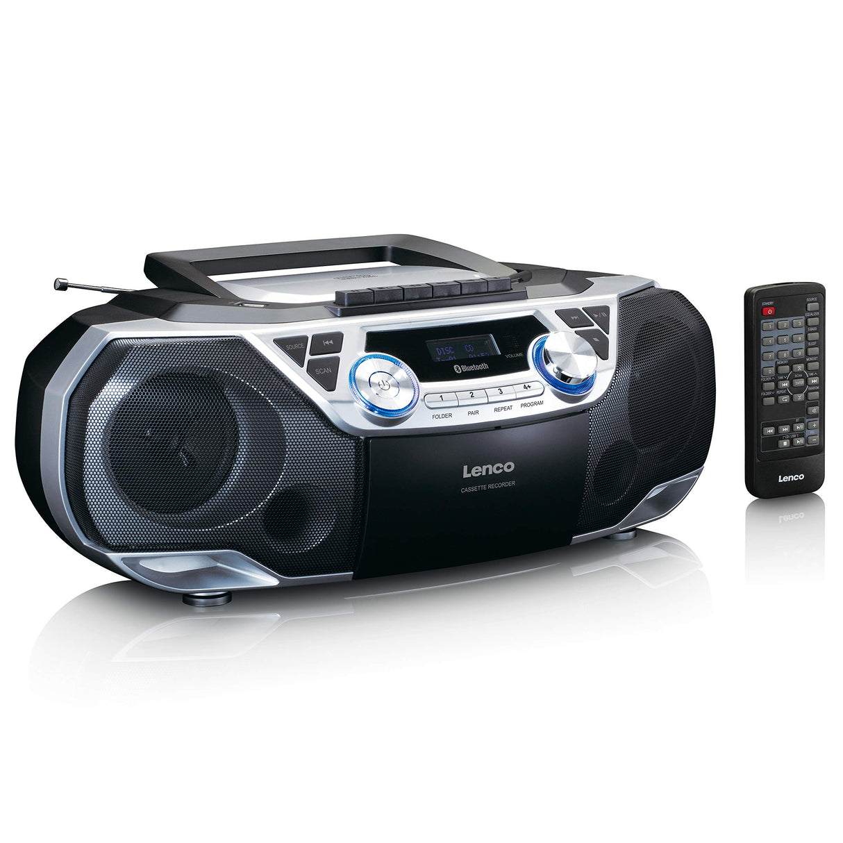 Lenco SCD-120SI - Boombox - Bluetooth 5.0 - Toploader Reproductor de CD/MP3 - Pletina de Casete - Radio FM - USB - 2 x 6 W RMS - Bass Reflex - Mando a Distancia - Plata