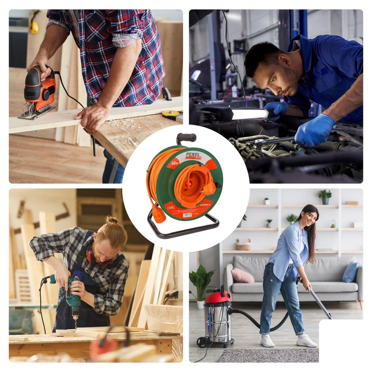 Perel Extensión electrónica sobre enrollamiento, uso interior, tierra alemana, protección térmica, 50 m, 3g1.5, naranja/verde