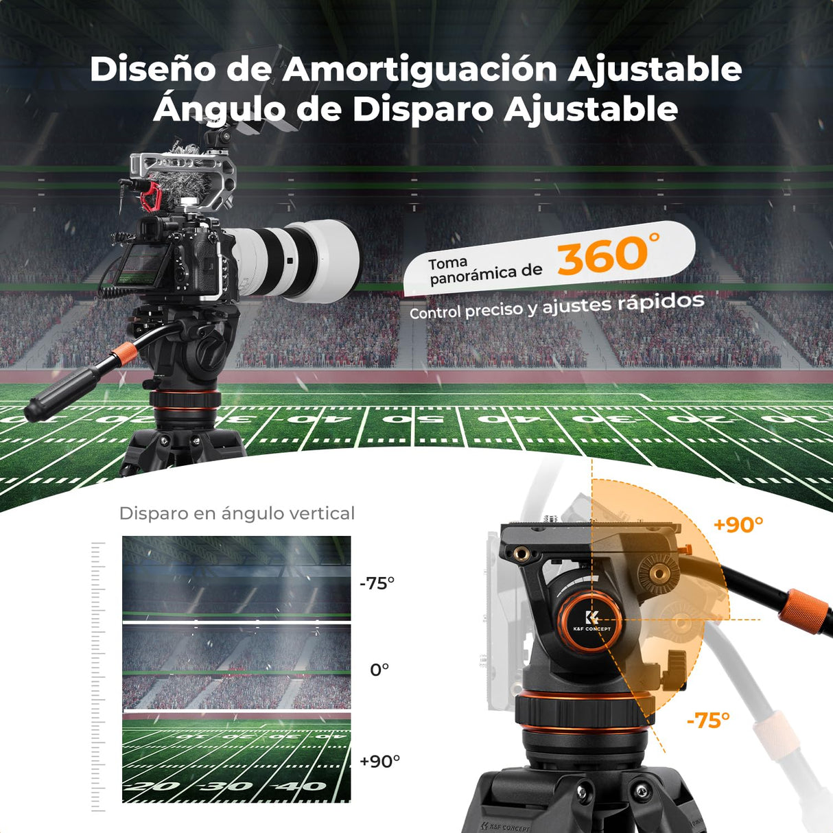 K&F CONCEPT 75"/ 191cm Trípode Video VA3+BV60, Trípode de Aleación de Aluminio Resistente con 360° Cabezal de Fluido, Compatible con Canon Nikon Sony y Otras, Carga hasta 22lb/10kg