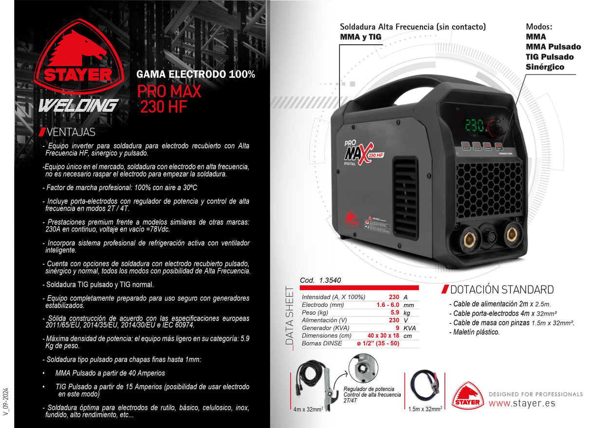 Equipo inverter para soldadura para electrodo recubierto con Alta Frecuencia HF, sinergico y pulsado, con 230A. PRO MAX 230 HF