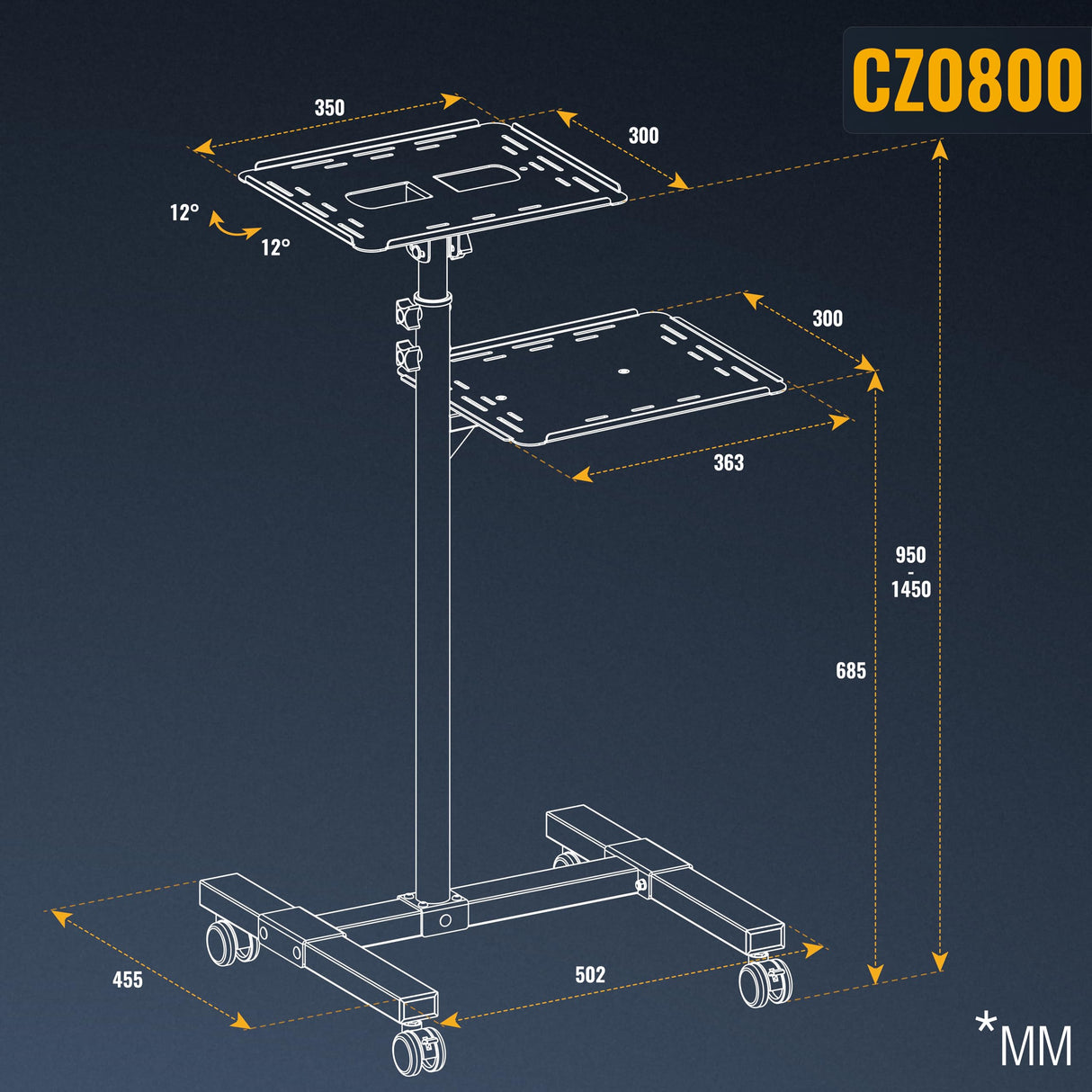 RICOO Soporte proyector Suelo Altura Regulable Elevador Ordenador portátil Universal CZ0800 Ruedas Bandeja Notebook Mesa para Laptop Negro