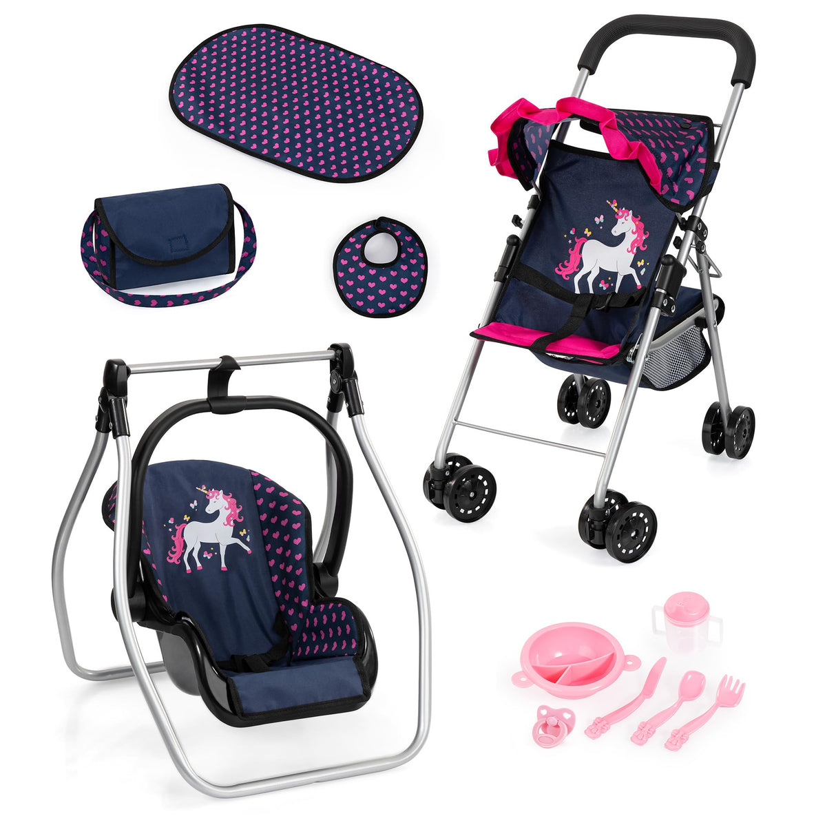 Bayer Design 21554AB Silla de Paseo para muñecas, Plegable, Ruedas Dobles, cinturón de Seguridad, Bolsa, Cambiador, Cuna, Accesorios para muñecas