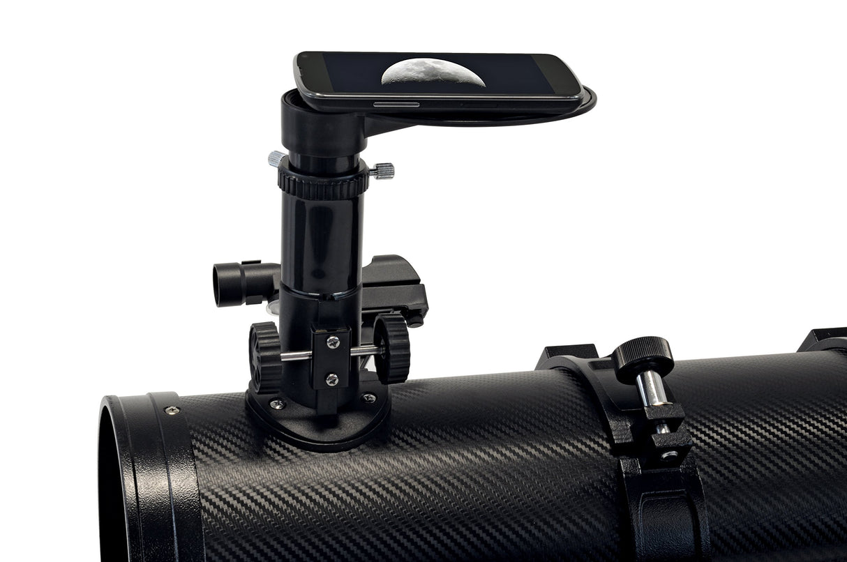 Bresser Galaxia 114/900 EQ-Sky Telescopio Newton Diseño de carbono con Adaptador de Cámara de Smartphone, negro
