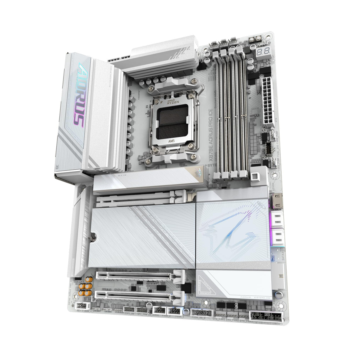 GIGABYTE Placa Base X870E AORUS Pro Ice - Compatible con CPUs AMD Ryzen 9000, VRM Digital de 16+2+2 Fases, hasta 8000MHz DDR5 (OC), 3xPCIe 5.0, Wi-Fi 7, LAN 2.5GbE, USB 4