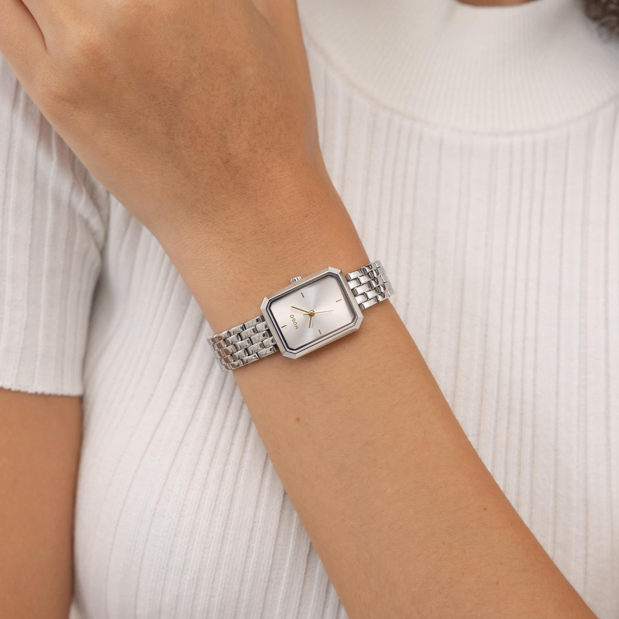 HUGO Reloj con Movimiento de Cuarzo de Tres Manecillas para Mujer Colección #Cosy con Correa de Acero Inoxidable Plateada - 1540178