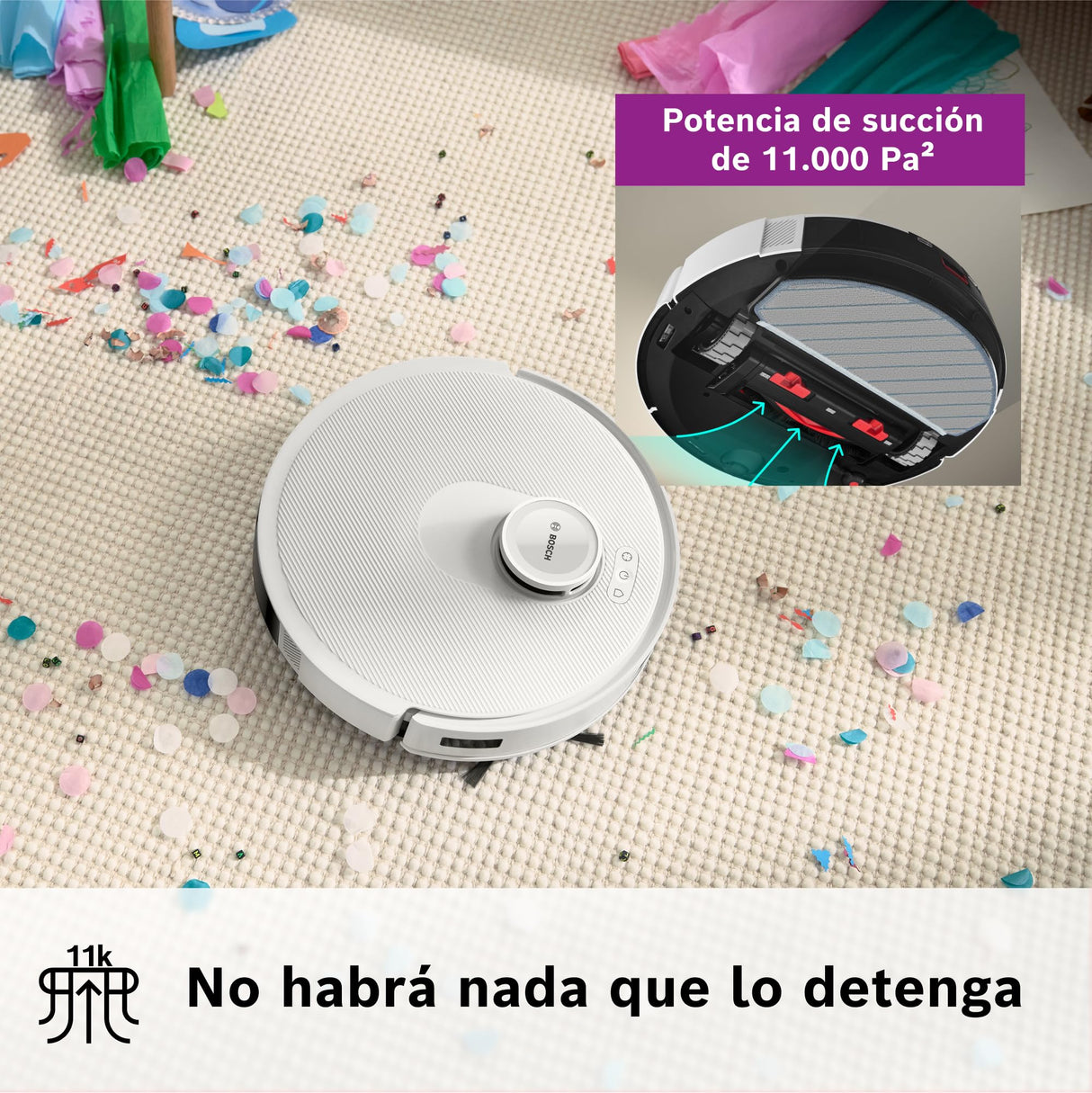 Bosch - Robot Aspirador Spotless +, BCRD1W, aspira y friega, Potencia 11.000 Pa², Almohadilla húmeda Fija, estación Seca, Sistema Inteligente de visión por Infrarrojos, Bosch Home Connect App, Blanco