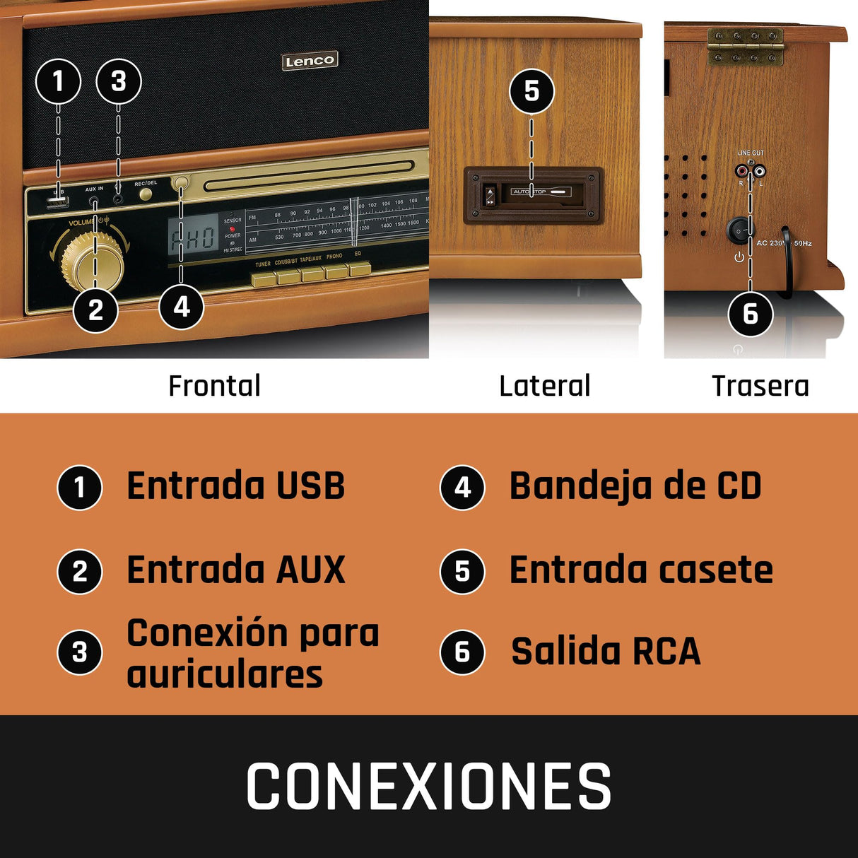 Lenco TCD-2551 Tocadiscos para Discos - Bluetooth Tocadiscos con Altavoz - Reproductor de CD - Pletina de Casete - 3 velocidades - Transmisión por Correa - 2 x 5 vatios - Madera