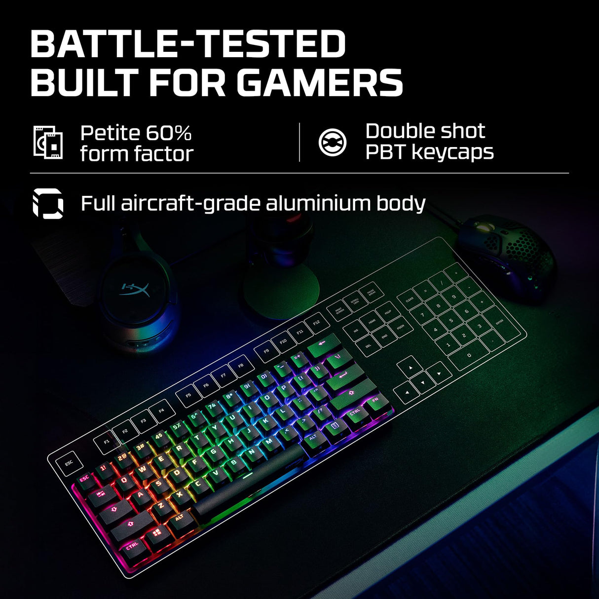 HyperX Alloy Origins 60 – Teclado mecánico para juegos - Formato ultracompacto al 60 % – Tecla HyperX Aqua (táctil) - Cubiertas de PBT de doble capa de las teclas - Retroiluminación LED RGB