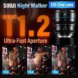 SIRUI Night Walker 75mm Lente de Cine con Enfoque Manual, Gran Apertura T1.2 con Marco S35 para X Montura Cameras, para X-H2/H2S, XT-4, XT-3,X-S10, X-S20 (MS75X-B, X Montura, Negro)