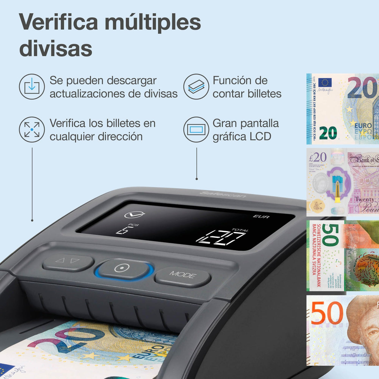 Detector de billetes falsos portátil Safescan 155-S completo para verificar rápidamente billetes - Detector billetes falsos con 7 puntos de detección - Detector de billetes falsos 100% fiable