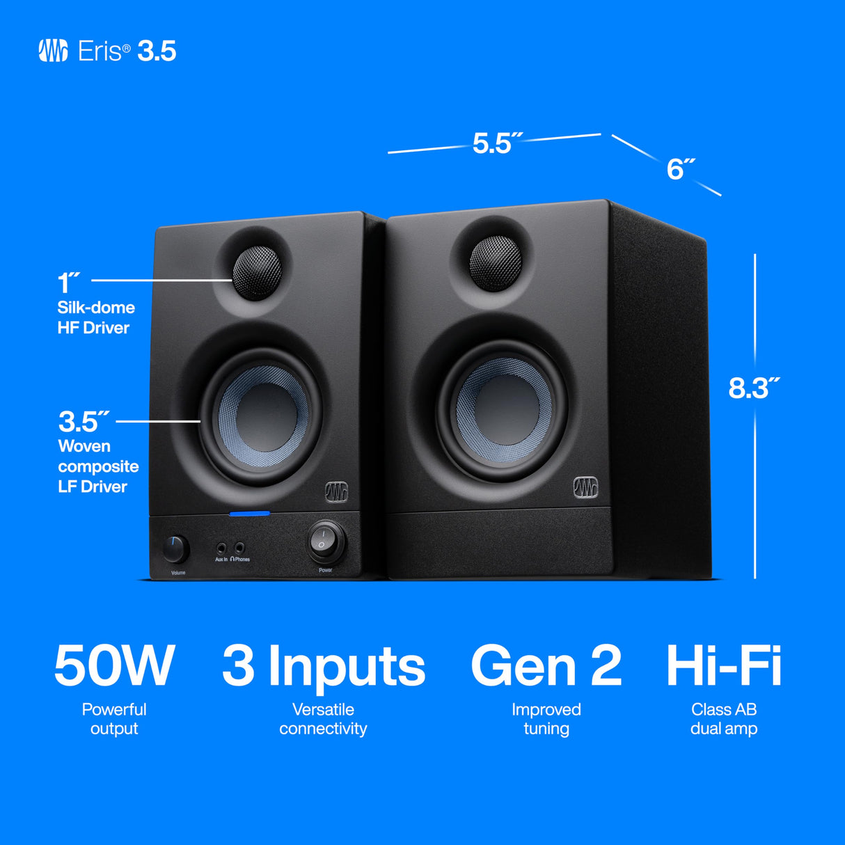 PreSonus Eris 3.5 Gen 2, Altavoces Activos de Escritorio 3.5" para Multimedia, Juegos, Producción Musical de Calidad Estudio, Potencia 50 W