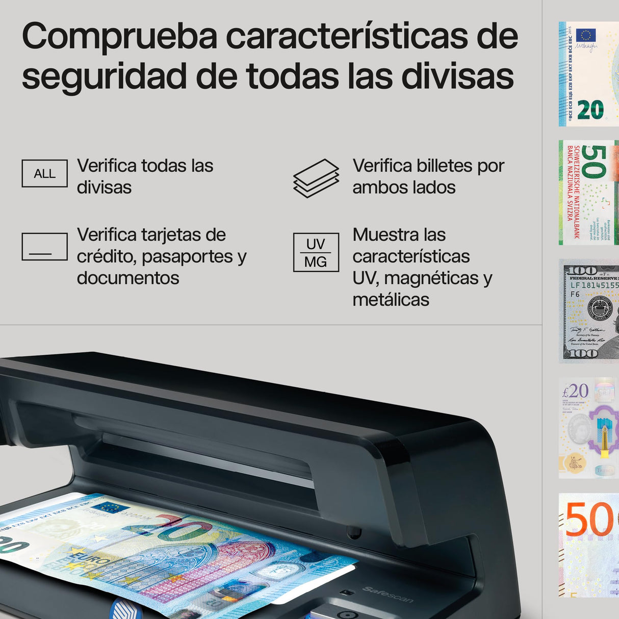 Safescan UV 70 Detector de billetes falsos, verifica billetes, tarjetas de crédito y documentos - Detector UV para nuevos billetes - Detector billetes falsos con luz UV - Detector con luz UV