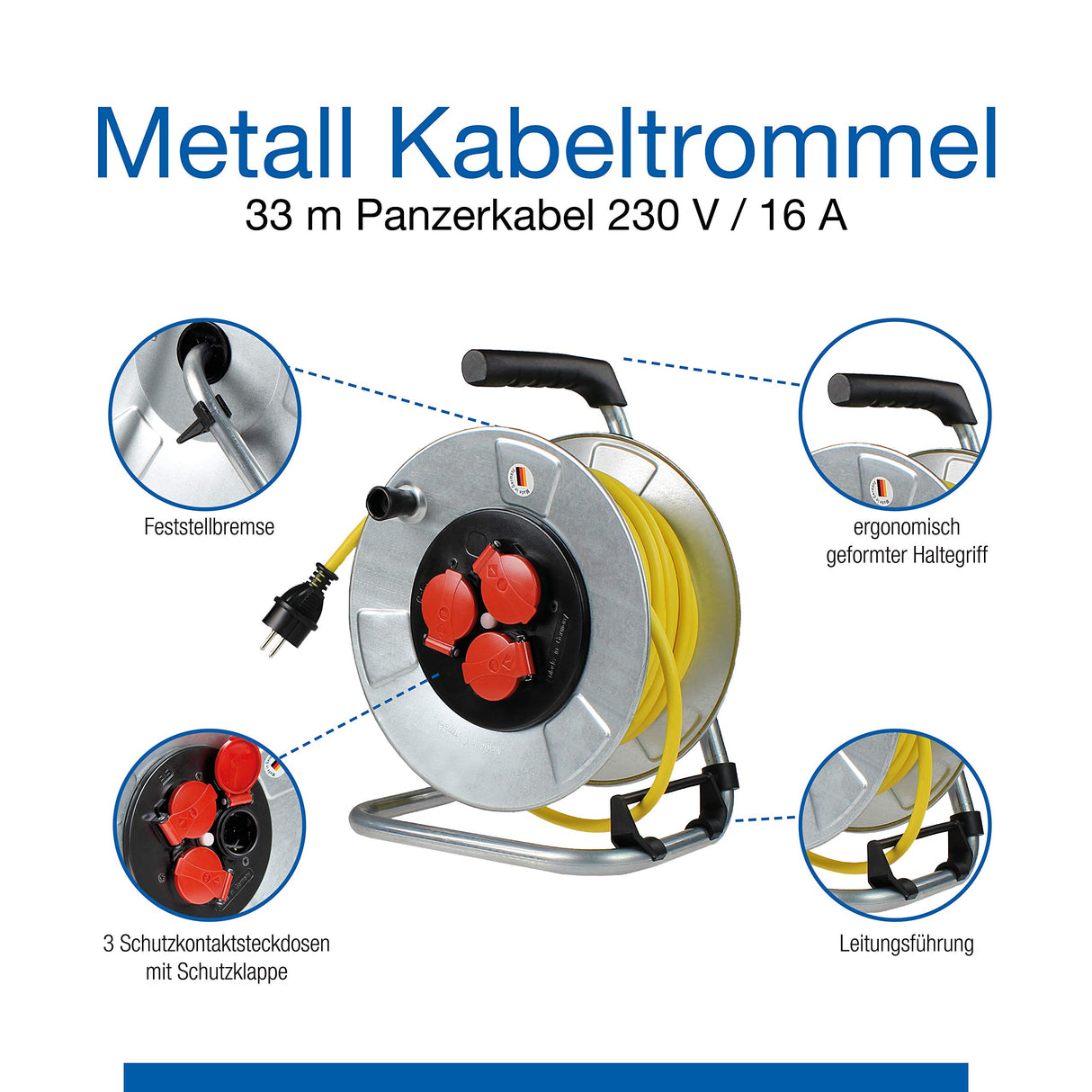 as - Schwabe enrollacables con cable de 33 m - 3 tomas con tapas de protección - Protegido frente a salpicaduras de agua IP44 - Protección contra sobrecalentamiento - Carrete Made in Germany, 10347