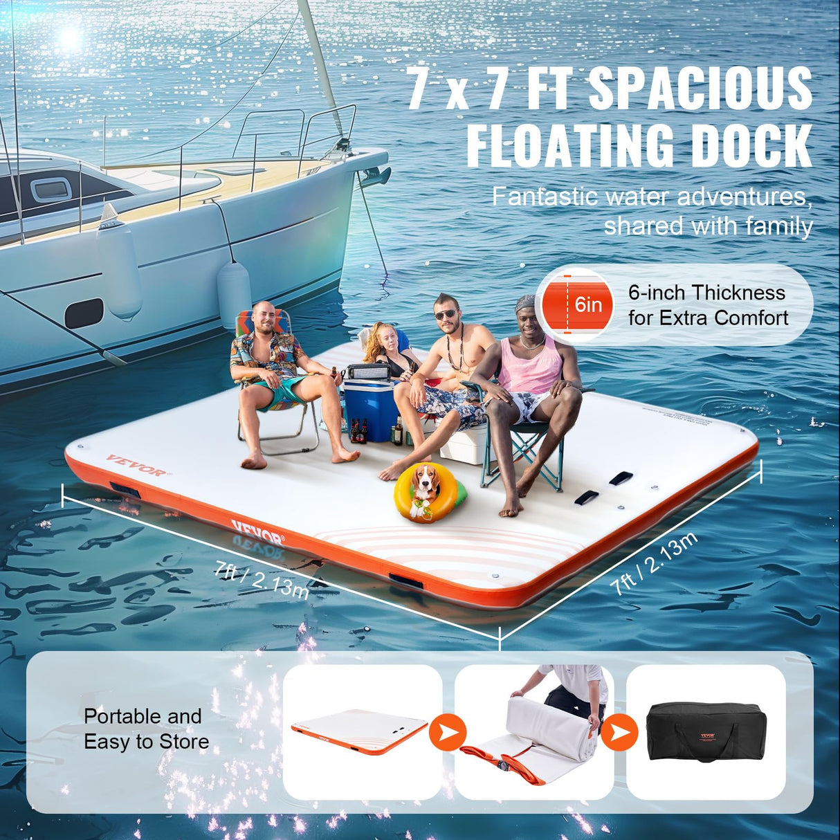 VEVOR Muelle Flotante Hinchable 2,13 x 2,13 m Plataforma de Muelle Inflable Alfombrilla Flotante Antideslizante con Bolsa de Transporte Portátil Escalera Extraíble Balsa de Isla para Piscina, Playa