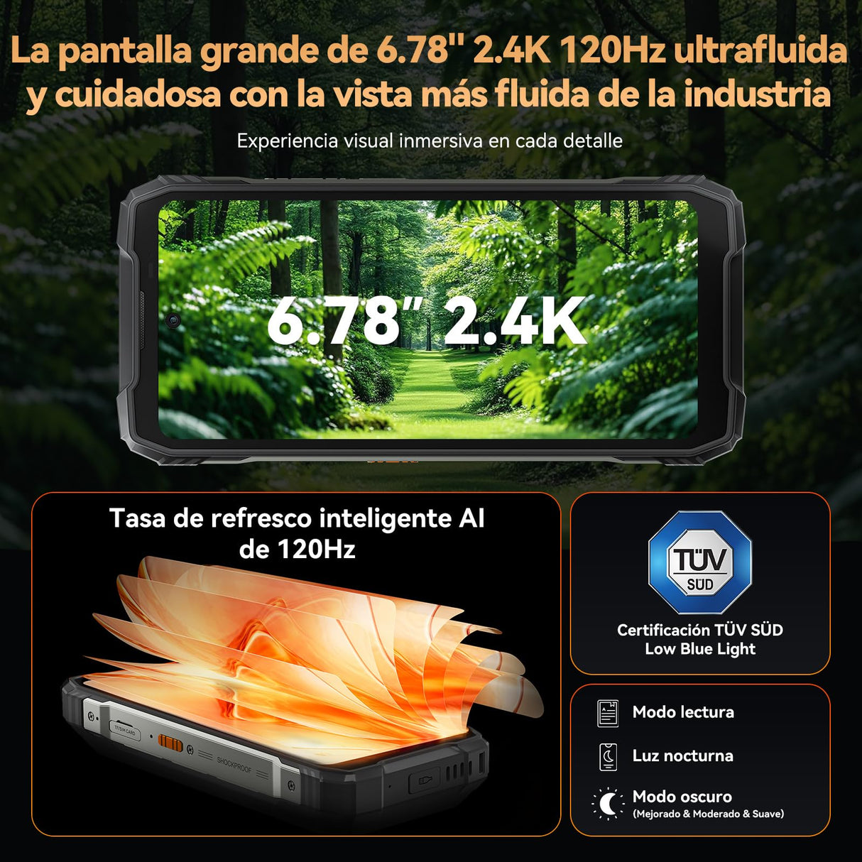 Blackview Xplore1 5G Movil Irrompible con Pantalla Secundaria, 20000mAh, Dimensity 7050 Movil Resistente, Android 15, 36GB+256GB/2TB, 50MP+64MP+20MP Nocturna, 6,78" 120Hz,170lm/NFC/WIFI 6/AI/Naranja