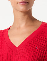 Tommy Hilfiger Jersey Mujer Cable Sweater con Cuello de Pico, Rojo (Primary Red), L