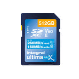 Integral Tarjeta SD de 512 GB UHS-II V60 con velocidades de lectura de hasta 260 MB/s y velocidades de escritura de 150 MB/s. Tarjeta de memoria de alta velocidad profesional SDXC