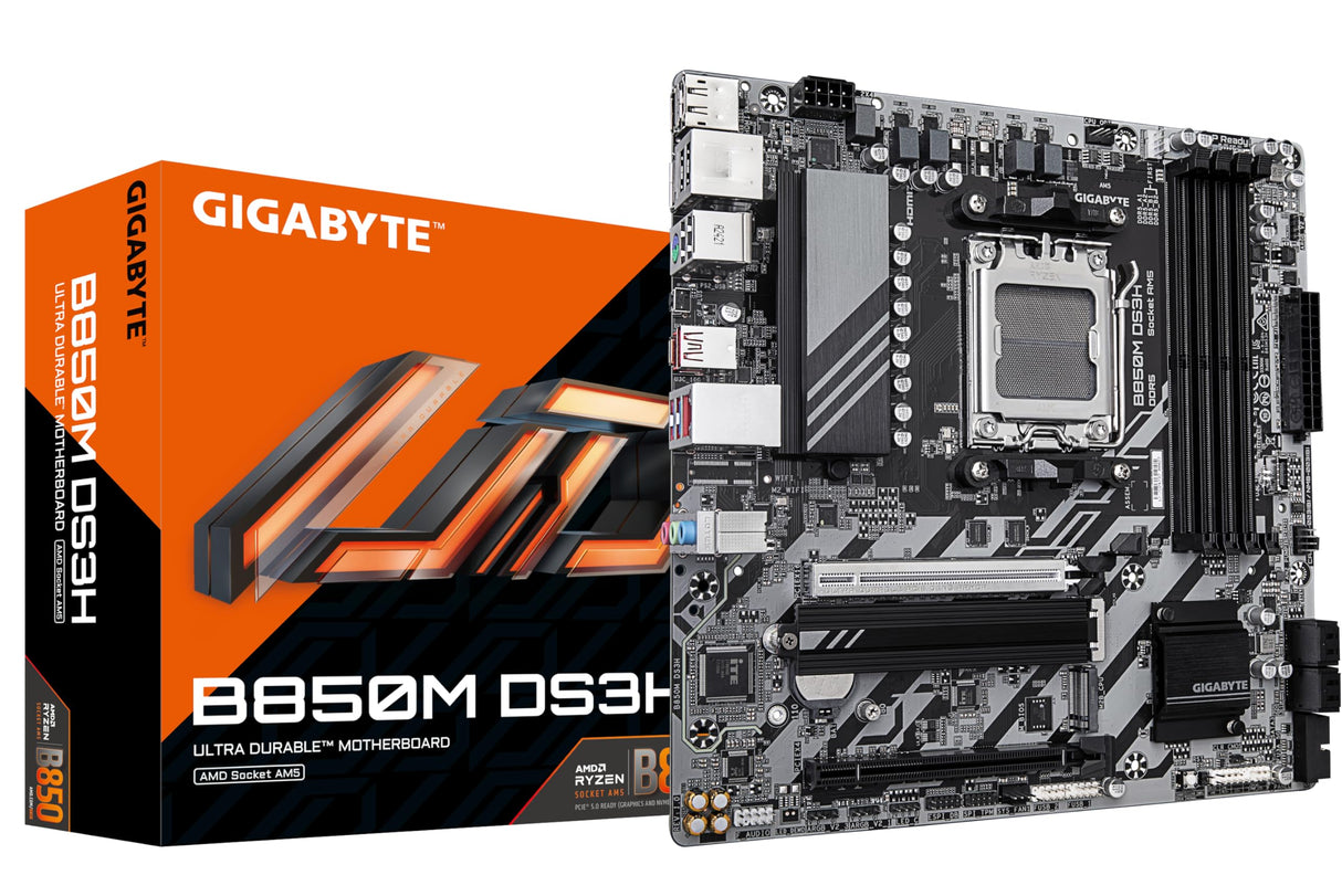 GIGABYTE B850M DS3H Placa Base - Procesadores AMD Ryzen Serie 9000, 16+2+2 Fases VRM Digitales, hasta 8200MHz DDR5 (OC), 1xPCIe 5.0 + 1xPCIe 4.0 M.2, LAN 2.5, USB 3.2 Gen 2