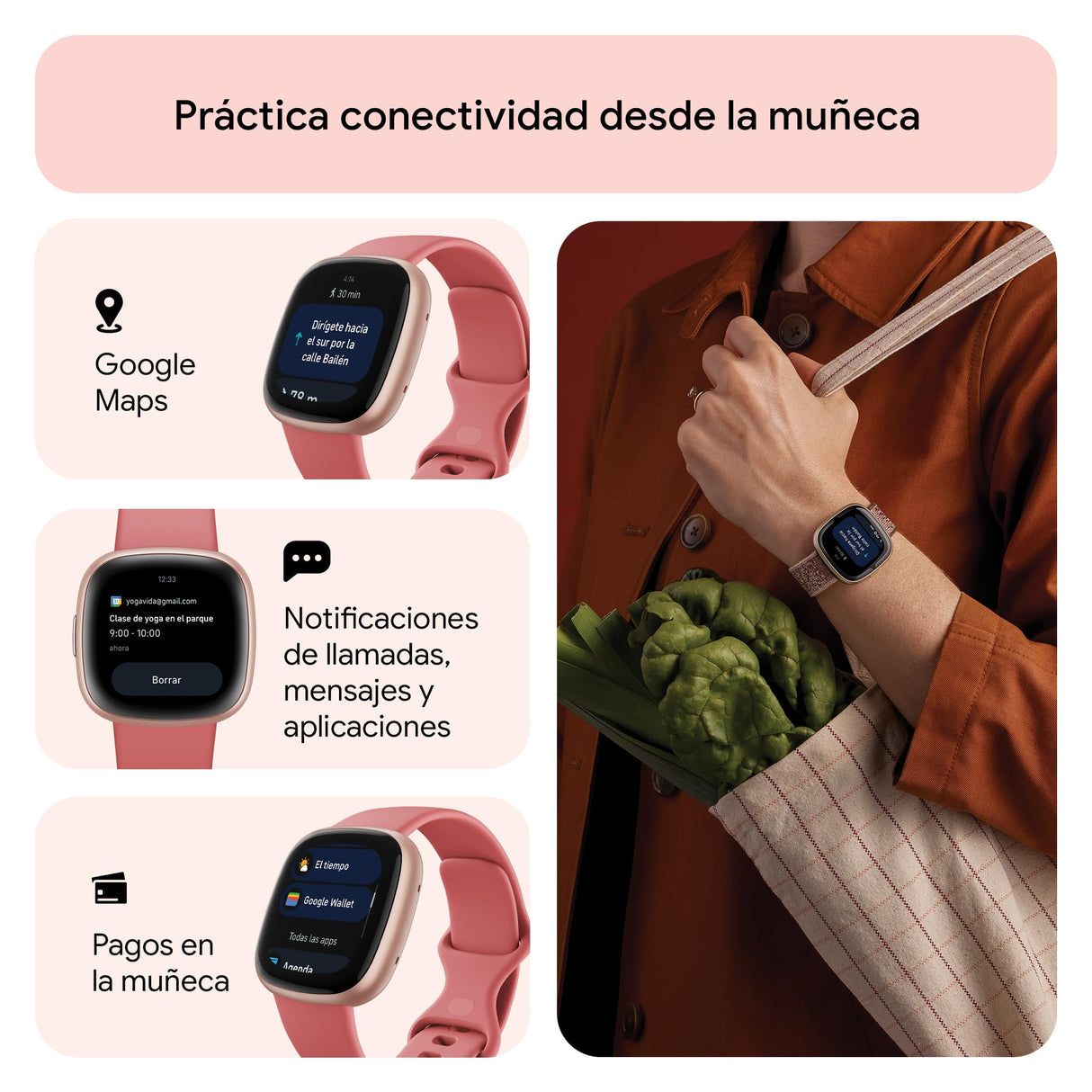 Fitbit Versa 4,Pink Sand/Copper Rose Smartwatch, Unisex-Adult, Rosa Arena/Aluminio Rosa cobrizo, One Size