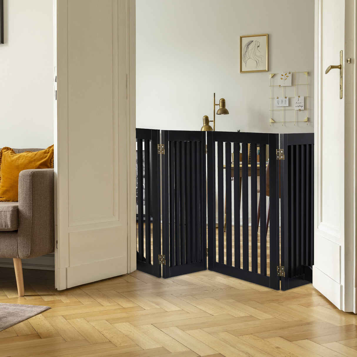 Relaxdays Barrera Seguridad Niños, Valla Protectora Plegable, 92 x 206,5 cm, Cerca Perros y Mascotas, con Patas, Negro, Tablero de Fibras