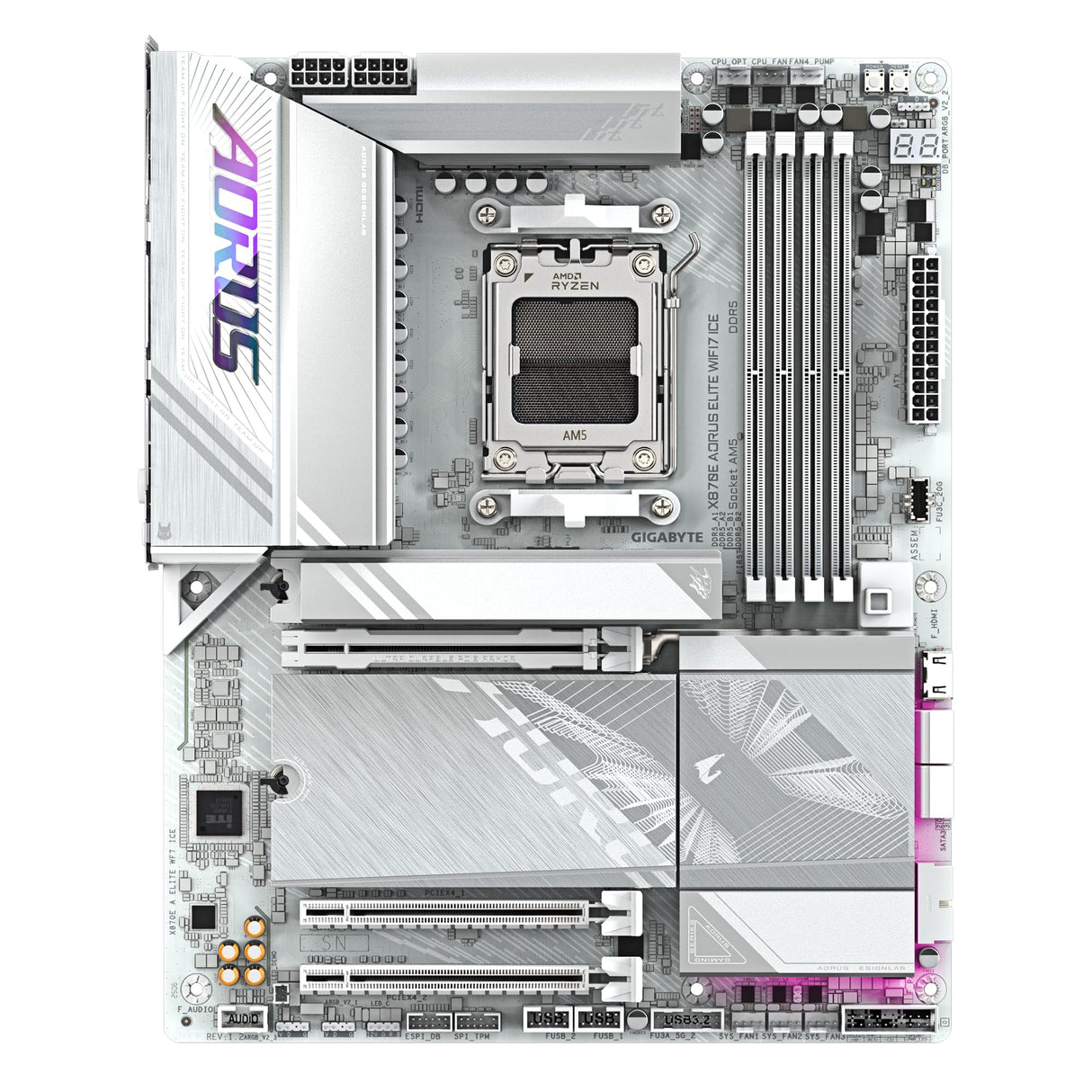 GIGABYTE X870E AORUS Elite WIFI7 Ice Placa Base - Soporta procesadores AMD Ryzen 9000, VRM Digital de 16+2+2 Fases, hasta 8200 MHz DDR5 (O.C.), 3X PCIe 5.0 + 1x PCIe 4.0, Wi-Fi 7, LAN 2.5 GbE, USB 4