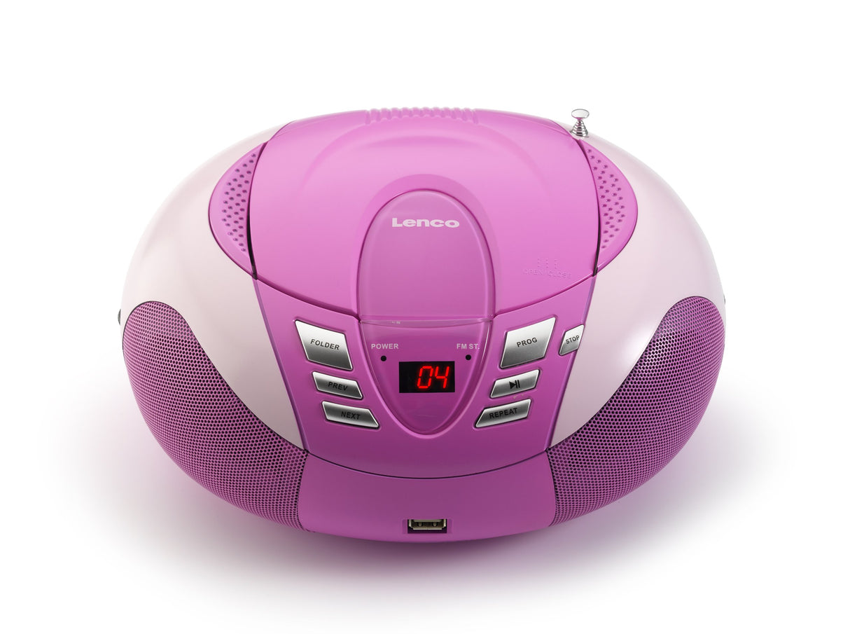 Lenco SCD-37 - Reproductor de CD para niños con conexión USB, MP3 y 2 Fuentes de alimentación RMS de 1,5 W, Funciona con Pilas y Red, Color Rosa