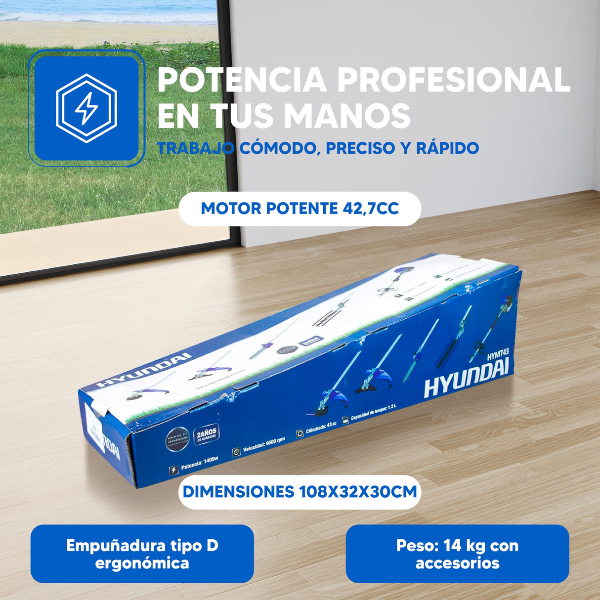 Hyundai Desbrozadora Multifunción 4 en 1 para Jardinería Completa - Herramienta de Corte con Eje Desmontable para Versatilidad - Cortacésped a Gasolina 42,7 CC para Alta Eficiencia de Trabajo
