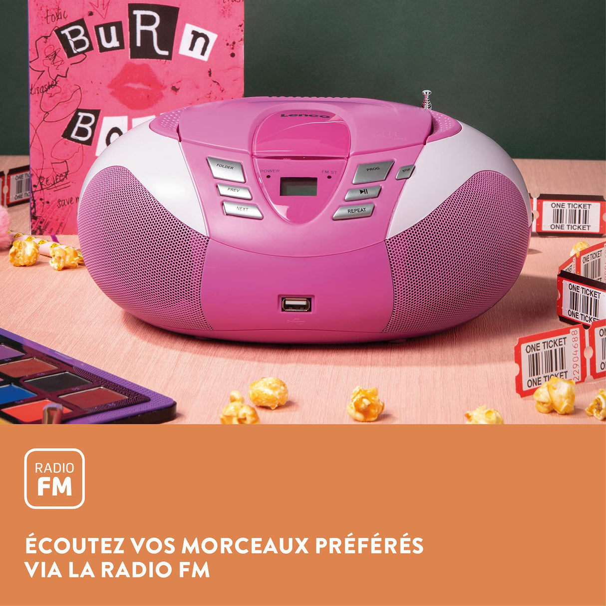 Lenco SCD-37 - Reproductor de CD para niños con conexión USB, MP3 y 2 Fuentes de alimentación RMS de 1,5 W, Funciona con Pilas y Red, Color Rosa
