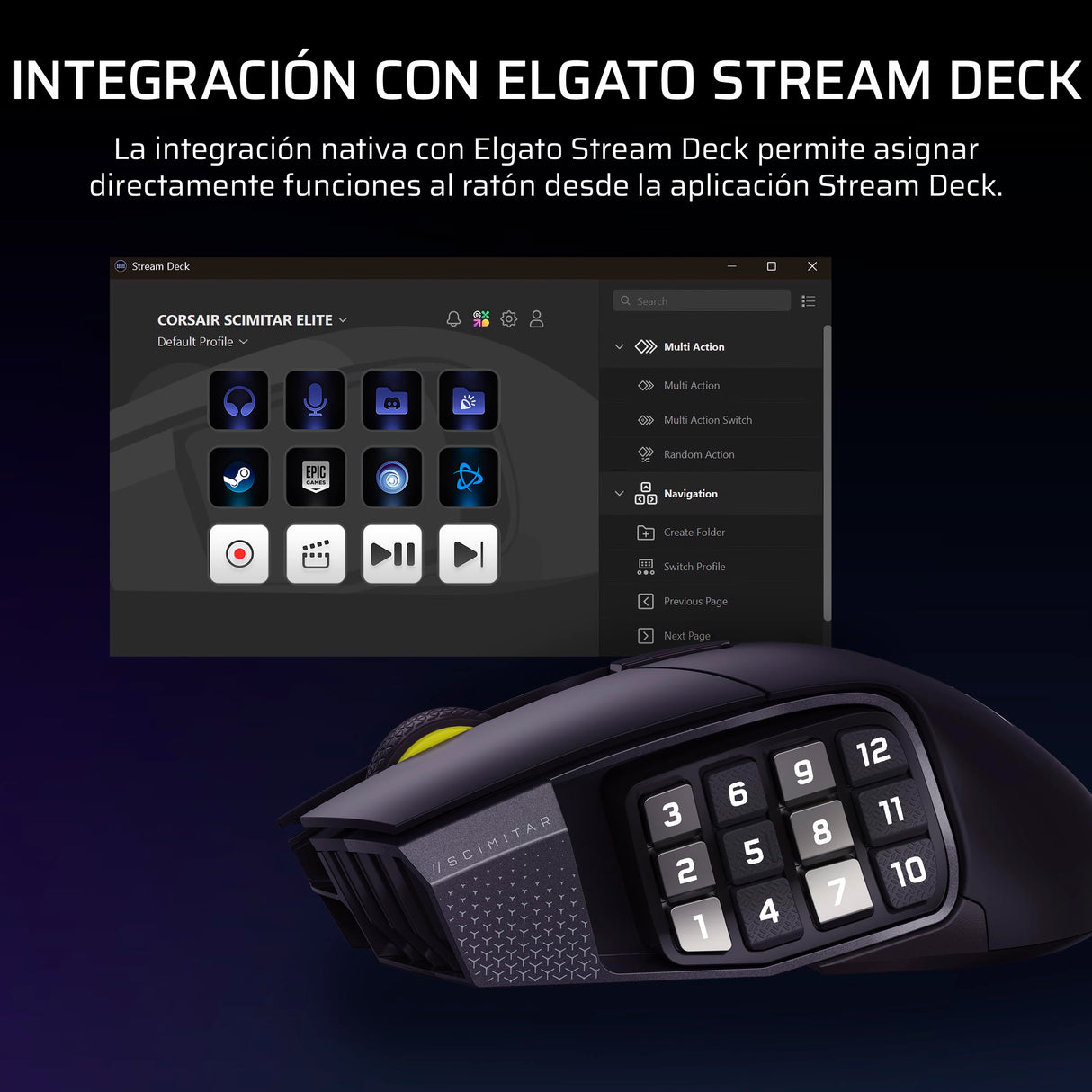 CORSAIR SCIMITAR ELITE WIRELESS SE MMO Ratón para Juegos – 33,000 DPI, 16 Botones Programables, Key Slider Ajustable, Elgato Virtual Stream Deck, 1K Hyper-Polling - PC, PS5, PS4, Xbox, Mac – Gunmetal