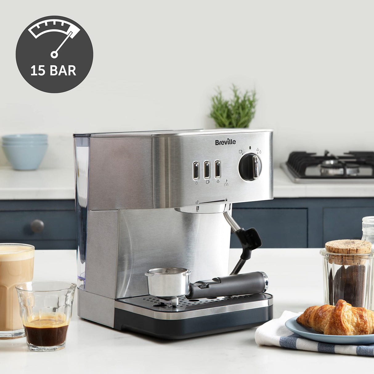 Breville Máquina de expresso Bijou Barista | Expreso automático y manual, Cafetera capuchino y café con leche | Bomba de 15 bares | Vara de vapor | Plateada [VCF149X]