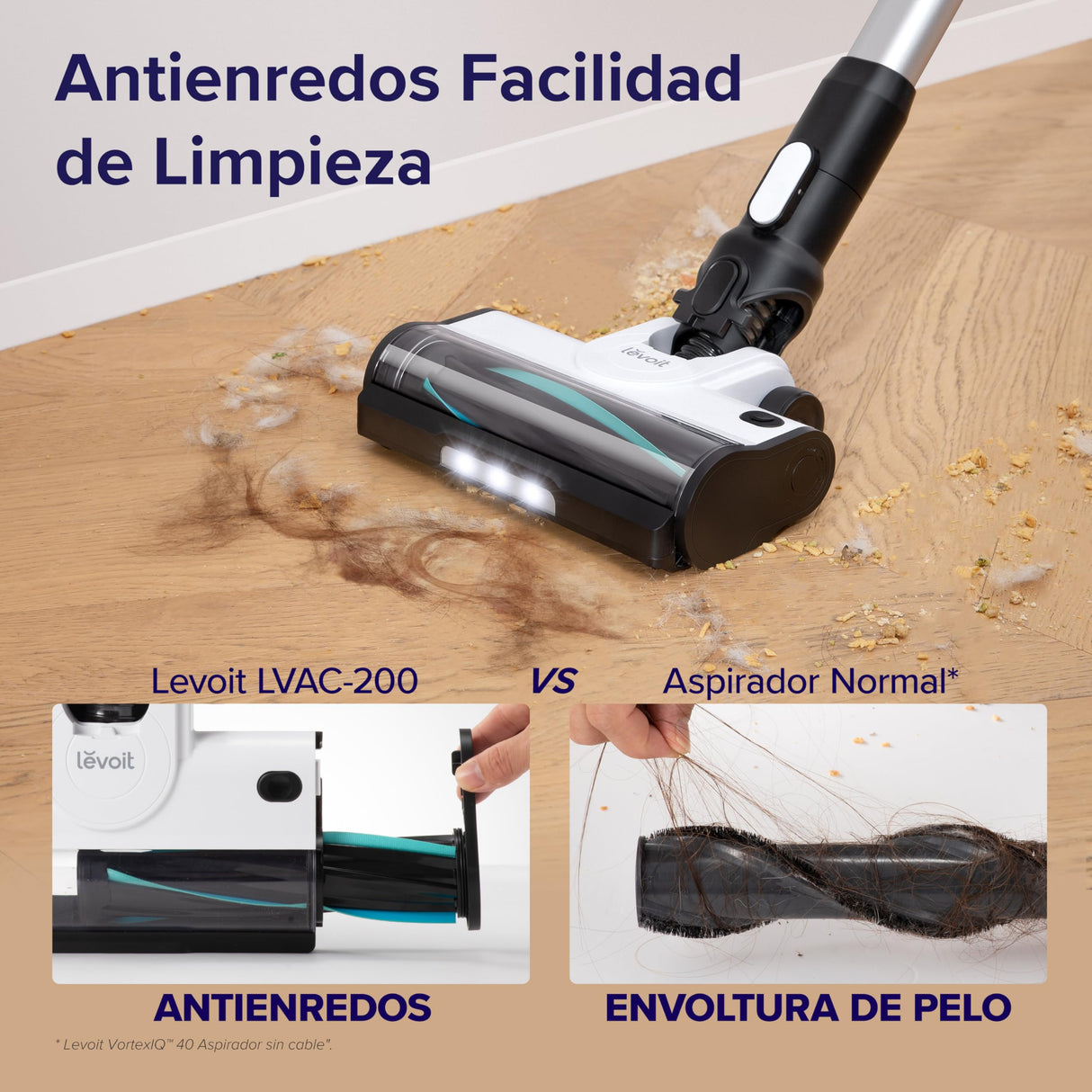 LEVOIT Aspiradora sin Cable, Antienredos para Mascotas, Autonomía de 12-50min, 4 en 1 Aspirador con Batería Extraíble, 99,9% de Filtración, Aspiradora Escoba para Alfombras, Suelos Duros, Coches