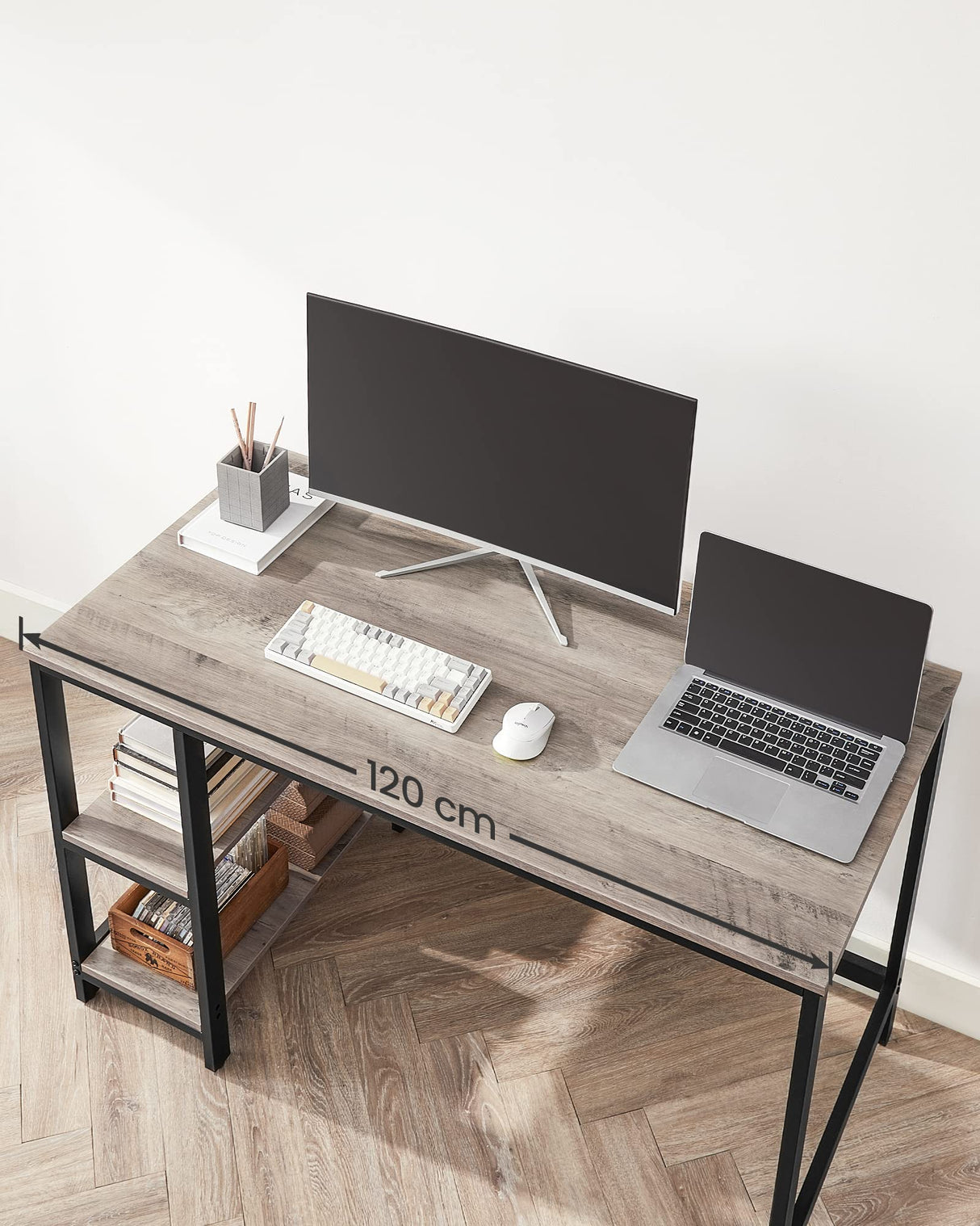 VASAGLE Escritorio, Mesa de Ordenador, con 2 Estante a la Izquierda o a la Derecha, para Oficina, Dormitorio, Estructura de Acero, Industrial, Greige y Negro LWD47MB