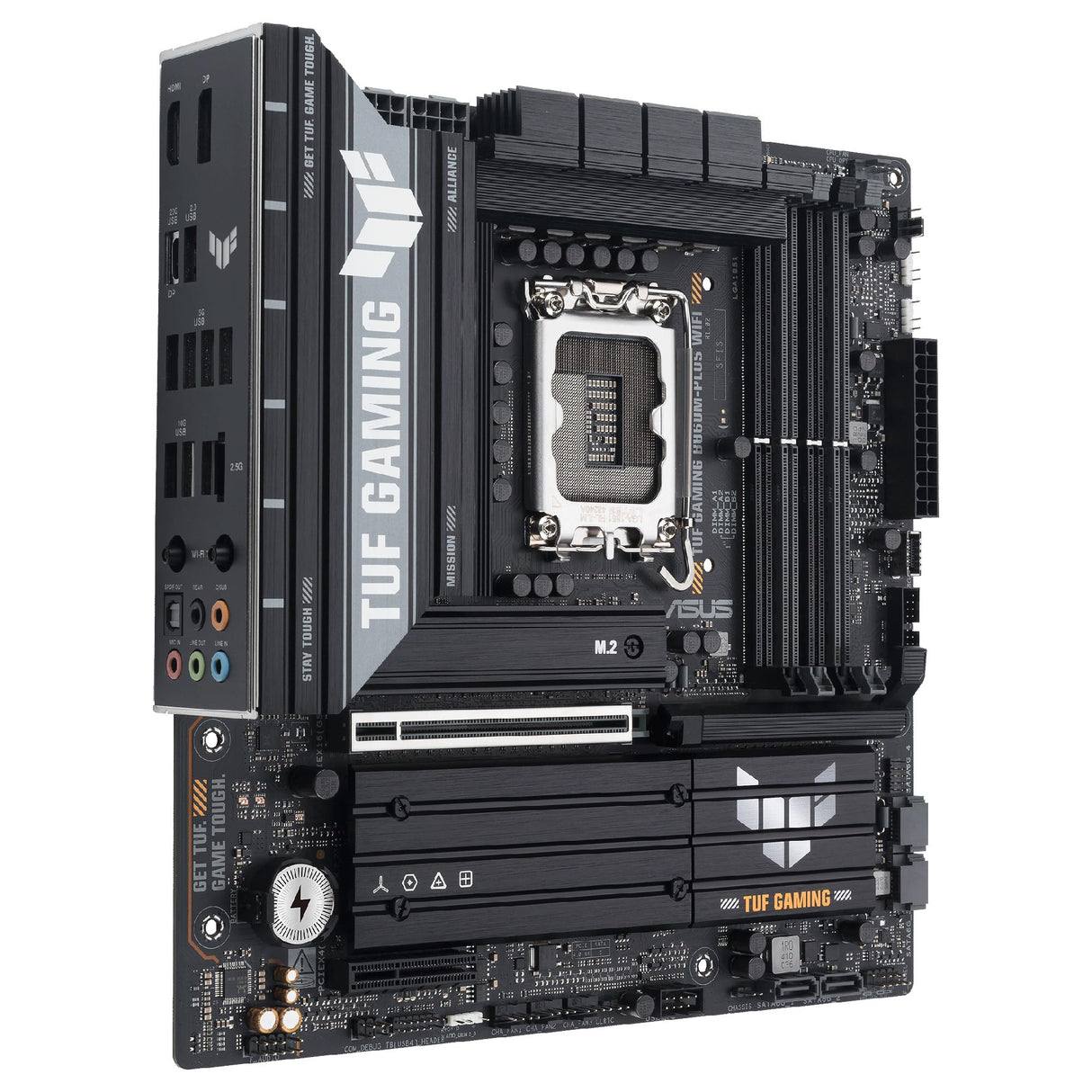 ASUS TUF Gaming B860M-PLUS WiFi, Placa Base Intel mATX, 12+1+2+1 80A etapas de alimentación DrMOS, DDR5, PCIe 5.0, 3 Ranuras M.2, Wi-Fi 7, Realtek 2.5Gb Ethernet, DisplayPort, HDMI, USB 20Gbps Tipo-C